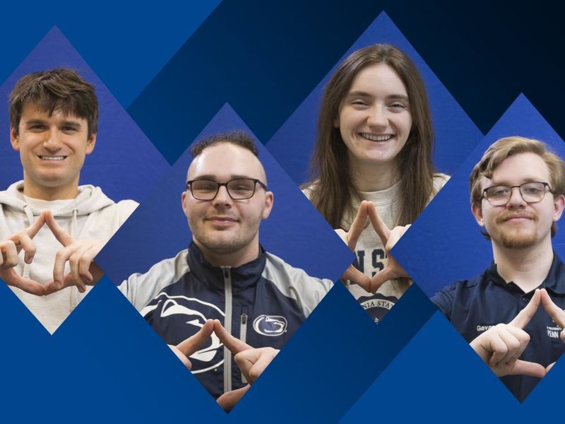 four thon dancers make the THON diamond symbol with their hands