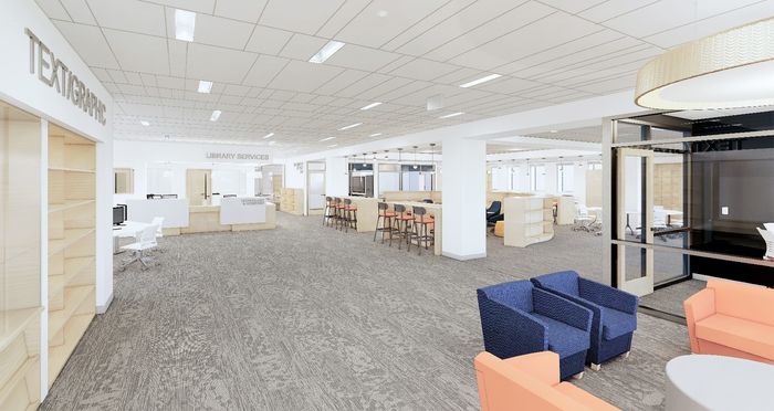 artist's rendering of main floor library space inside main entrance