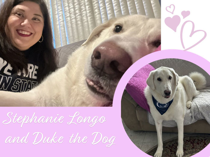 woman smiles with her white dog by her side