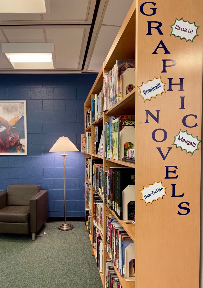 bookshelf with manga literature and decorations in leisure reading area of the library