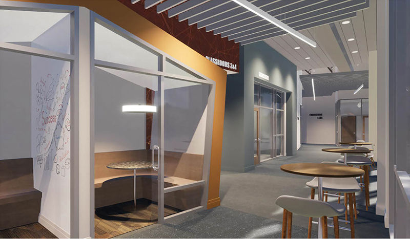 Rendering of a hallway and comfortable study area behind glass.