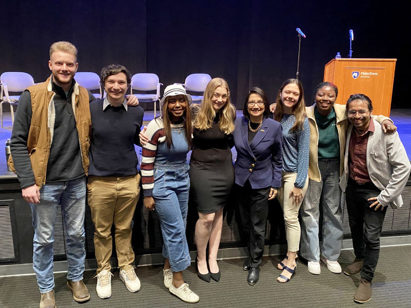 Penn State Altoona students pose with Penn State President-elect Neeli Bendapudi during a campus visit