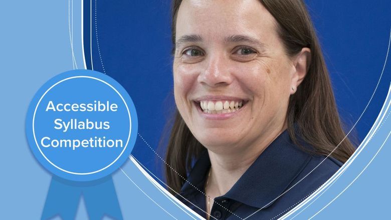 Headshot of smiling Gina Gray with a blue ribbon reading accessible syllabus competition