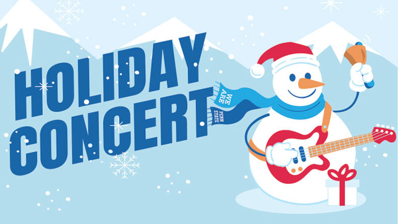 holiday concert graphic of a smiling snowman playing guitar and ringing a bell