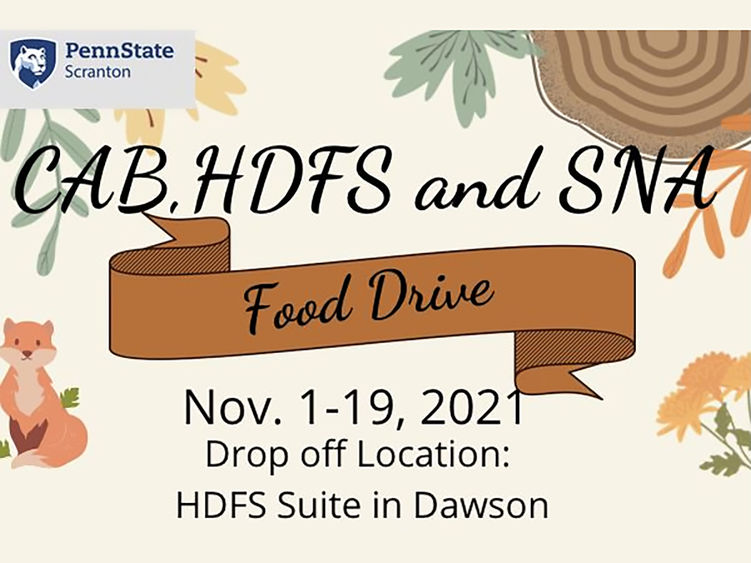 A graphic that reads "CAB, HDFS and SNA food drive; Nov. 1-19, 2021. Drop-off location: HDFS Suite in Dawson"