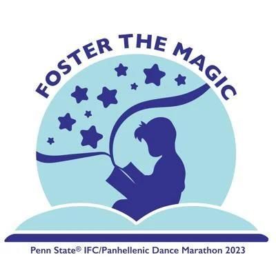 graphic of child reading on blue background with dark blue stars above the words Foster the Magic